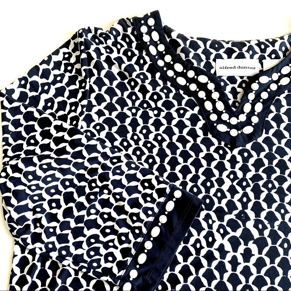 Alfred Dunner 3/4 Sleeve Tunic - Navy and White with Bead Detail